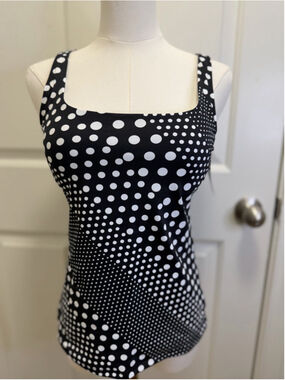 Lands’ End Pop Black Diagonal Dot Square Neck Tankini Top Size 4 NWT UPF 50
